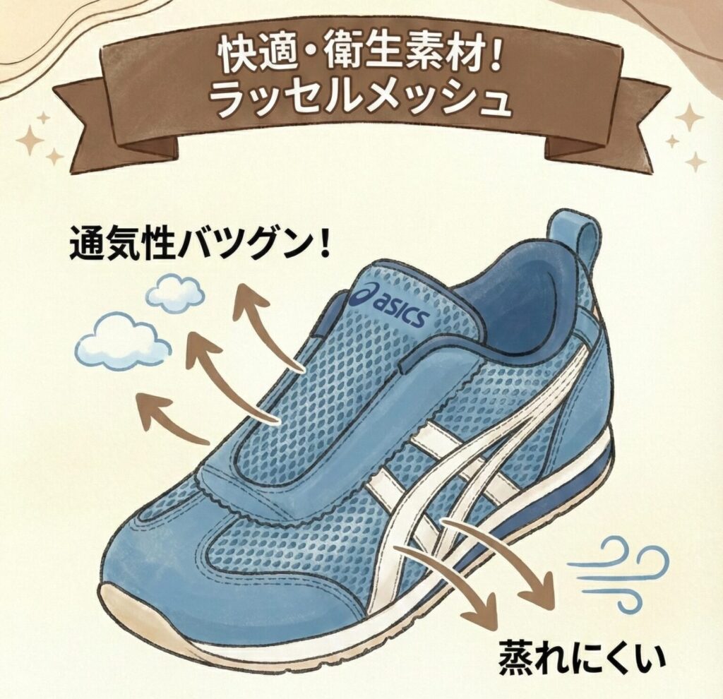 アシックス スクスクアイダホシリーズのアッパー素材「ラッセルメッシュ」