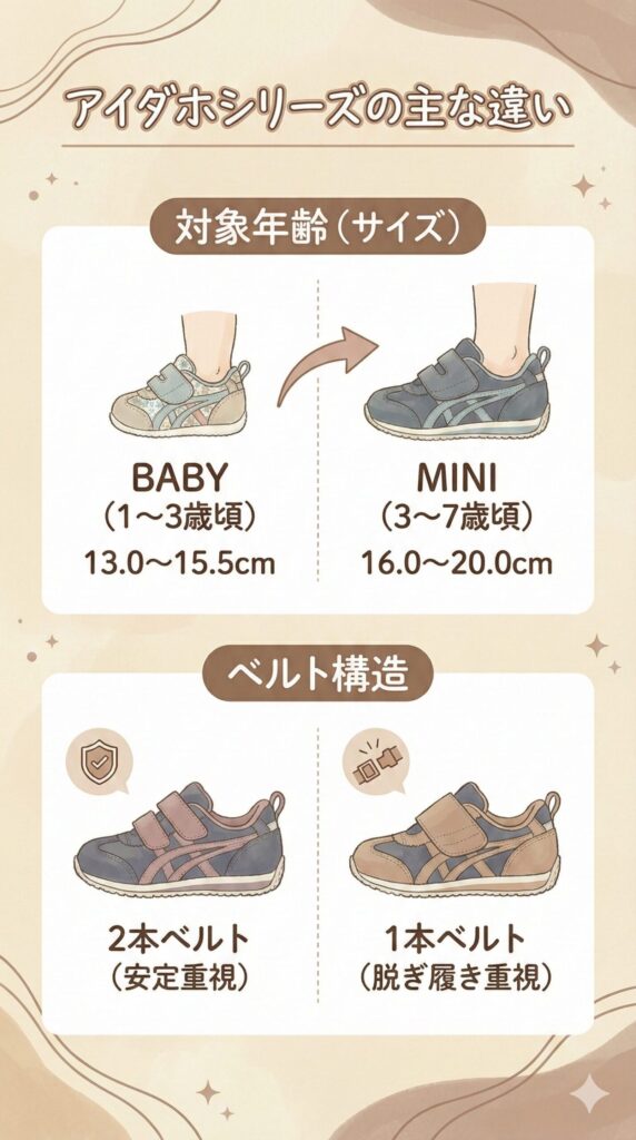 アイダホシリーズの違いは対象年齢とベルト構造の図解