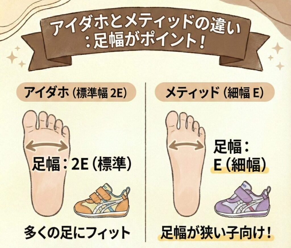 アシックススクスクアイダホとメティッドの違い