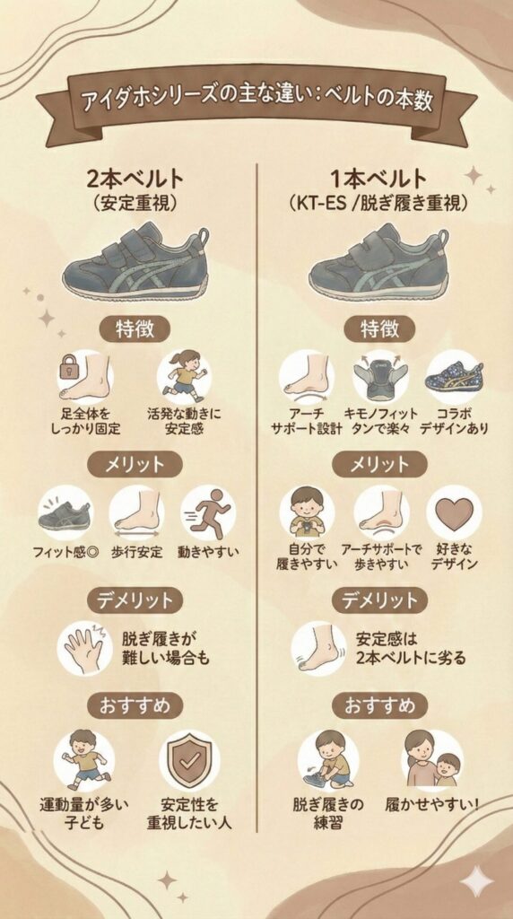 アシックススクスクアイダホシリーズのベルトの本数の違い図解:安定性の2本ベルト、脱ぎ履きしやすい1本ベルト