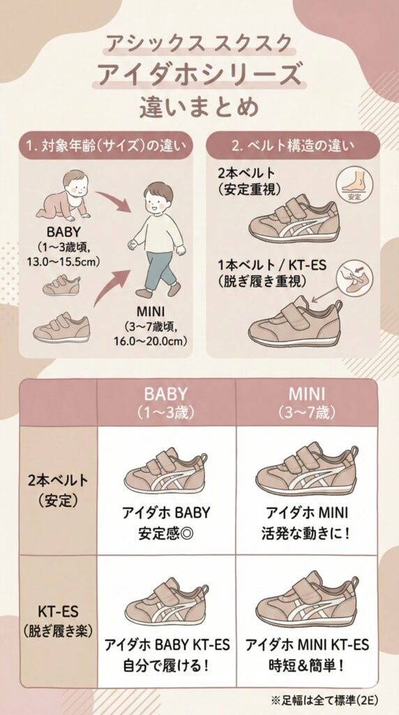 アイダホシリーズの主な違い図解
・対象年齢（サイズ）の違い：1〜3歳頃向けのBABY（13.0〜15.5cm）か 3〜7歳頃 向けのMINI（16.0〜20.0cm）か

・ベルト構造の違い：2本ベルト（安定重視）か 1本ベルト/KT-ES（脱ぎ履き重視）か