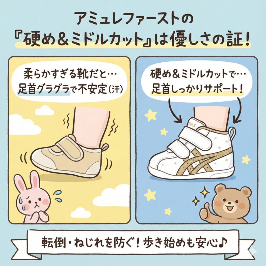 アミュレファーストの硬め&ミドルカットは足へのやさしさの証