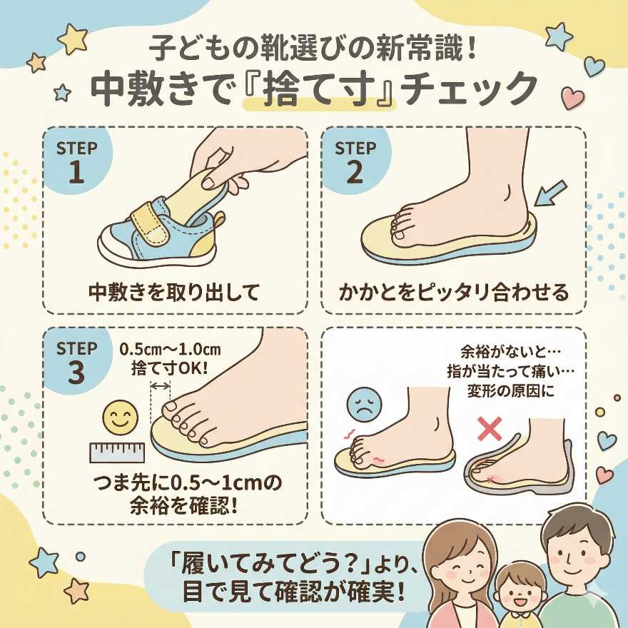 かかと合わせで「つま先1cm」の捨て寸を目視する