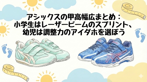アシックスの甲高幅広まとめ 小学生はレーザービームのスプリント、幼児は調整力のアイダホを選ぼう