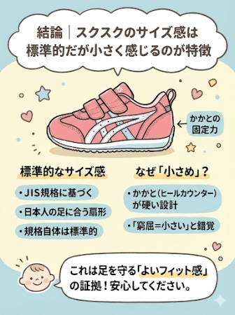 アシックススクスクのサイズ感の結論・標準的だが小さく感じることも