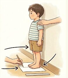 正しい足のサイズの測り方:壁にかかとをつけて両足でまっすぐ立つ