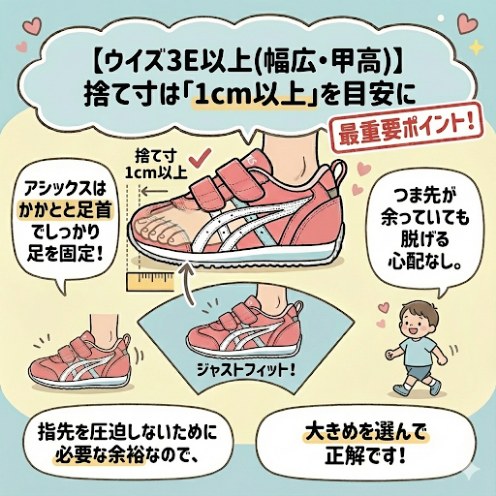 【ウイズ3E以上(幅広・甲高)】捨て寸は「1cm以上」を目安に