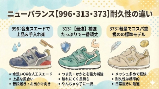 ニューバランスキッズ996・313・373の耐久性の違いまとめ