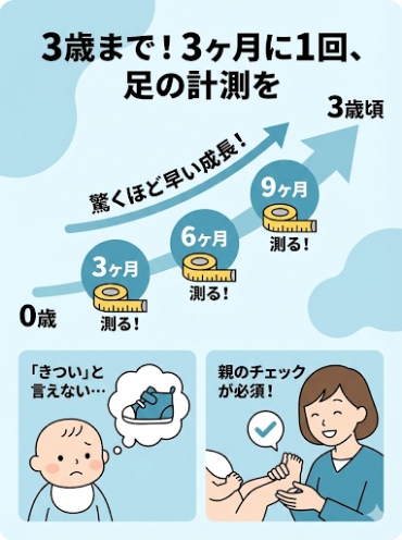 子供の足の大きさは、3歳くらいまでは、3ヶ月に1回は測るようにしましょう。子どもの足は驚くほど早く成長します。「きつい」と言えない赤ちゃんだからこそ、親のチェックが必要です。