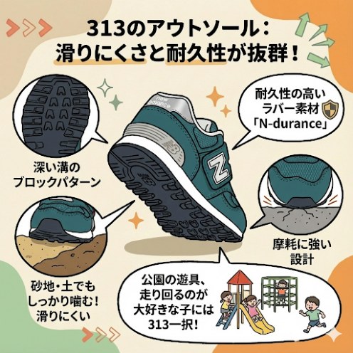 ニューバランスキッズ996・313・373のソールの違い：313はグリップ力抜群で公園遊びに最適