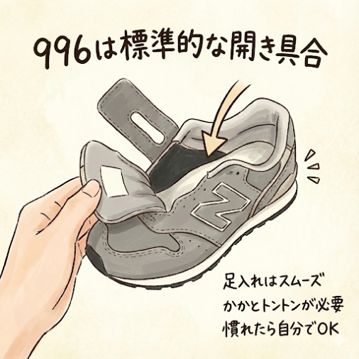 ニューバランスキッズ996、313、373の履き口の開きやすさの違い：996は標準的な開き具合