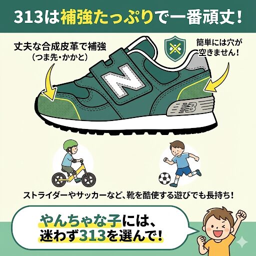 ニューバランスキッズ996・313・373の耐久性の違い：313は補強たっぷりで一番頑丈