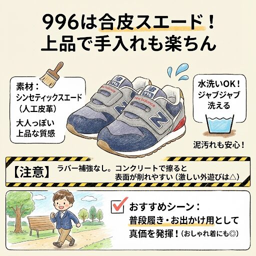 ニューバランスキッズ996・313・373の耐久性の違い：996は合皮スエードで上品かつ手入れが楽