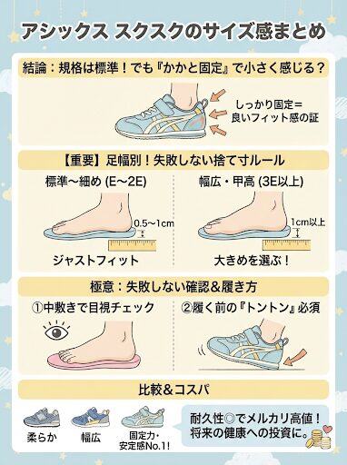 アシックスのキッズシューズ スクスクのサイズ感まとめ