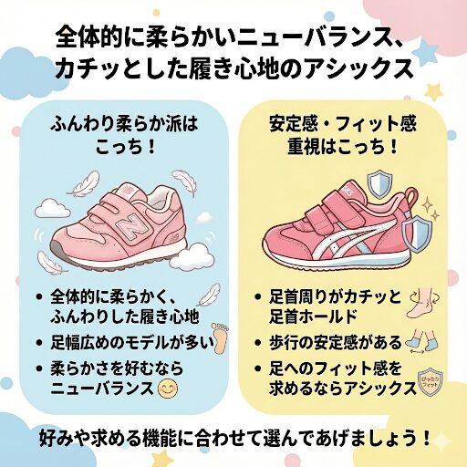 全体的に柔らかいニューバランス、カチッとした履き心地のアシックス