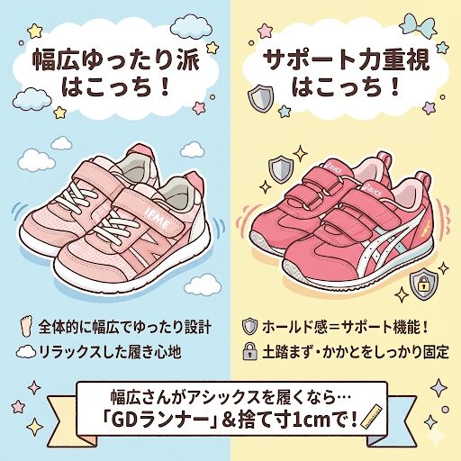 幅広ゆったりのイフミー、サポート力の強いアシックス