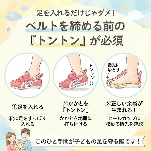 足を入れるだけじゃダメ!ベルトを締める前の「トントン」が必須