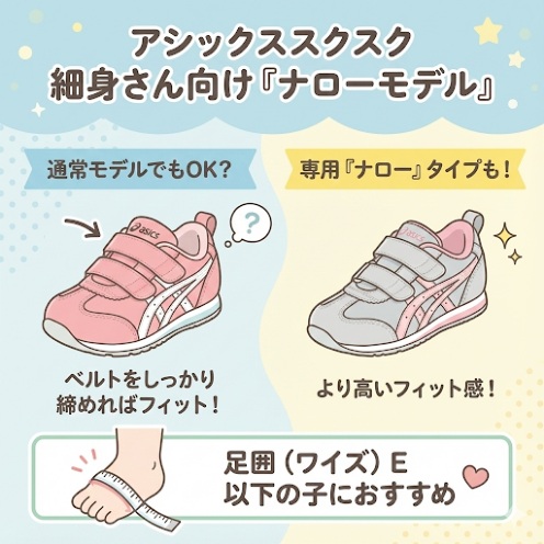 アシックススクスクは足幅の狭い子向けのナローモデルがある