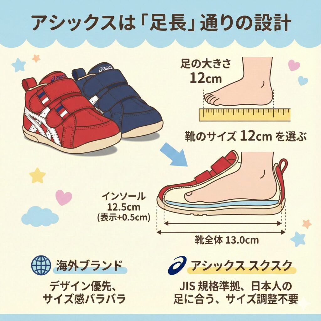 アシックスは「足長」通りの設計