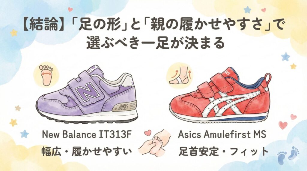 【結論】ニューバランスとアシックス ファーストシューズの違い｜足の形と履かせやすさで決めよう