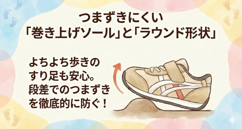つまずきにくい「巻き上げソール」と「ラウンド形状」