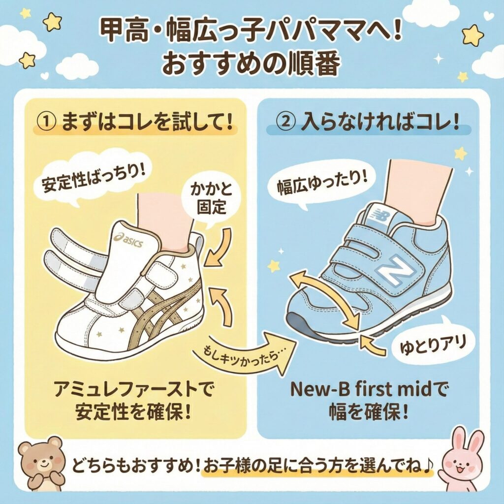 甲高幅広さんはまずアミュレファーストを試して、キツかったらNew-B first midにしよう。図解