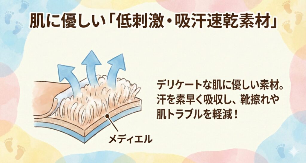 アシックスファーストシューズの肌に優しい「低刺激・吸汗速乾素材」メディエル