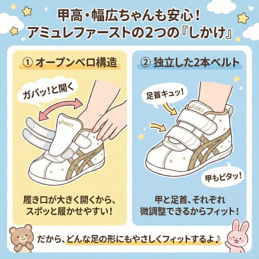 アミュレファーストには、甲高・幅広の足にも対応できる2つの仕掛け:オープンベロ構造と独立した2本ベルト