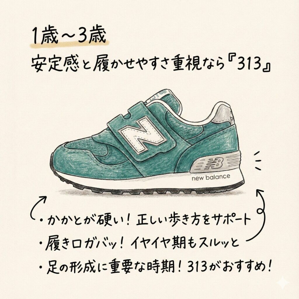 1歳～3歳：安定感と履かせやすさ重視なら「313」