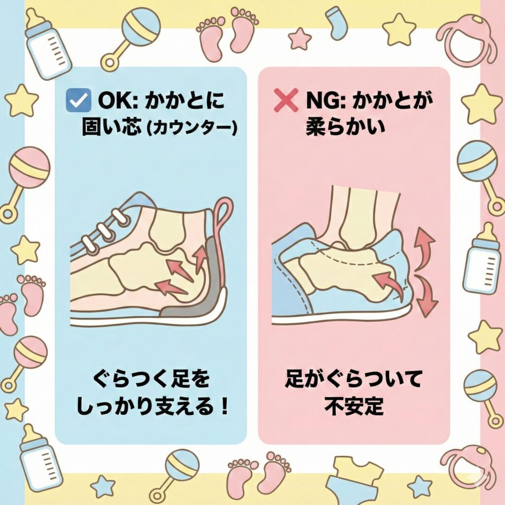 ファーストシューズの選び方 かかとが固定されるか 図解