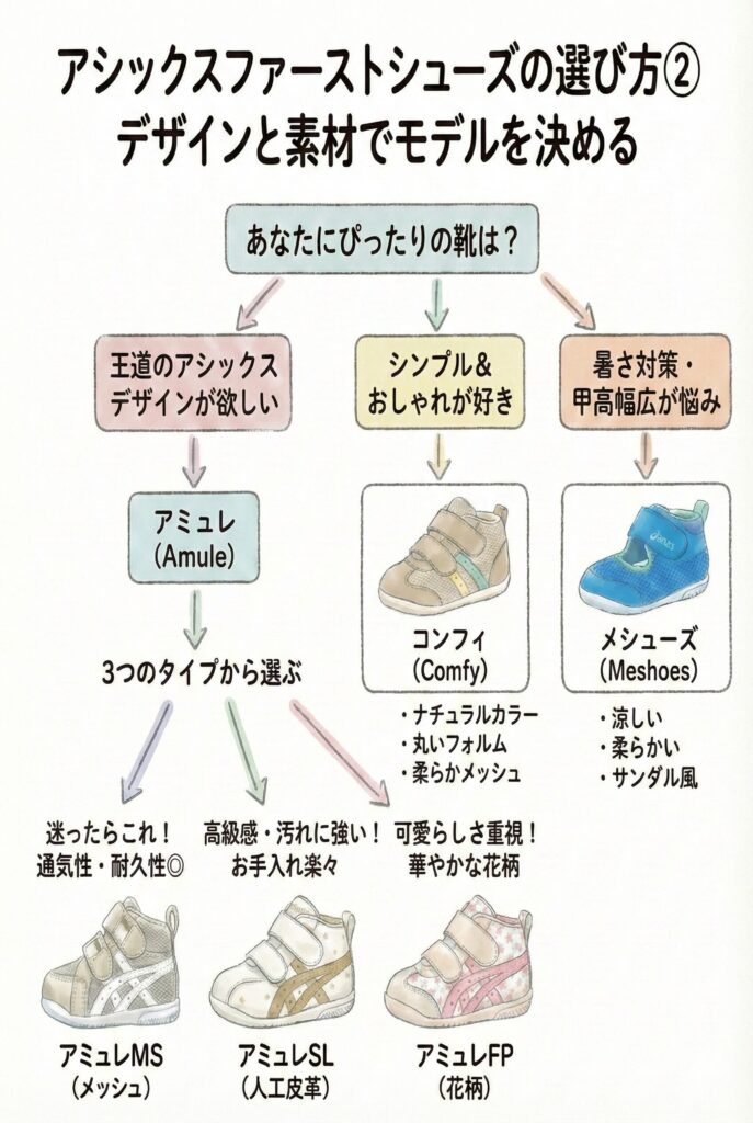 アシックスファーストシューズの選び方デザインと素材アミュレ、コンフィ、メシューズ