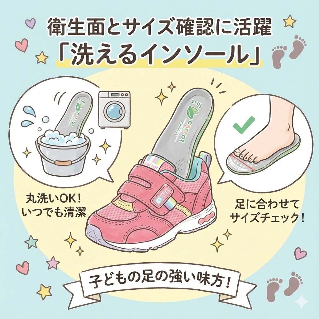 衛生面とサイズ確認に活躍「洗えるインソール」