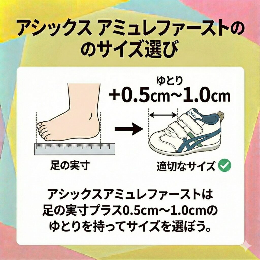 アシックスアミュレファーストのは足の実寸プラス0.5cm～1.0cmのゆとりを持って選ぶのが鉄則です。