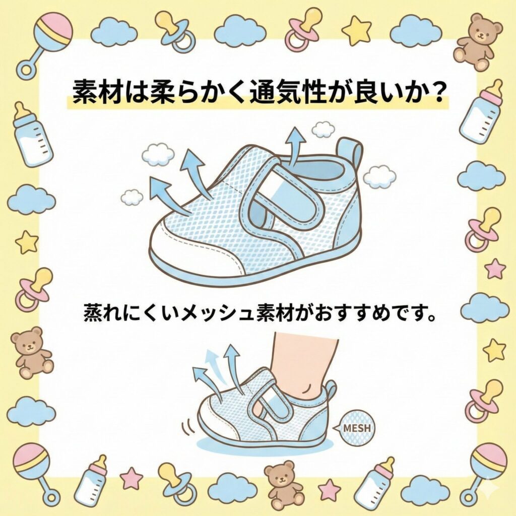 ファーストシューズの選び方 素材はやわらかく通気性が良いか 図解