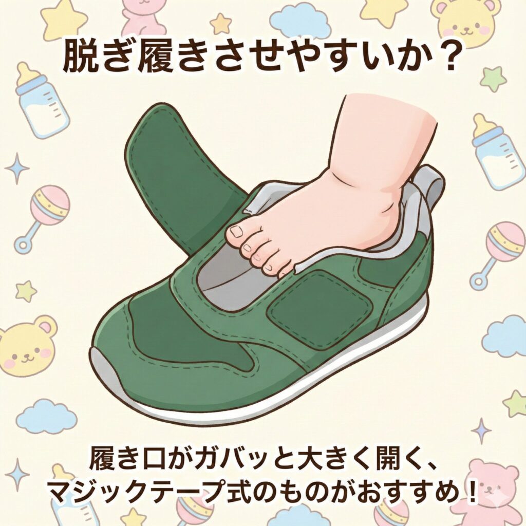 ファーストシューズの選び方 脱ぎ履きさせやすいか 図解