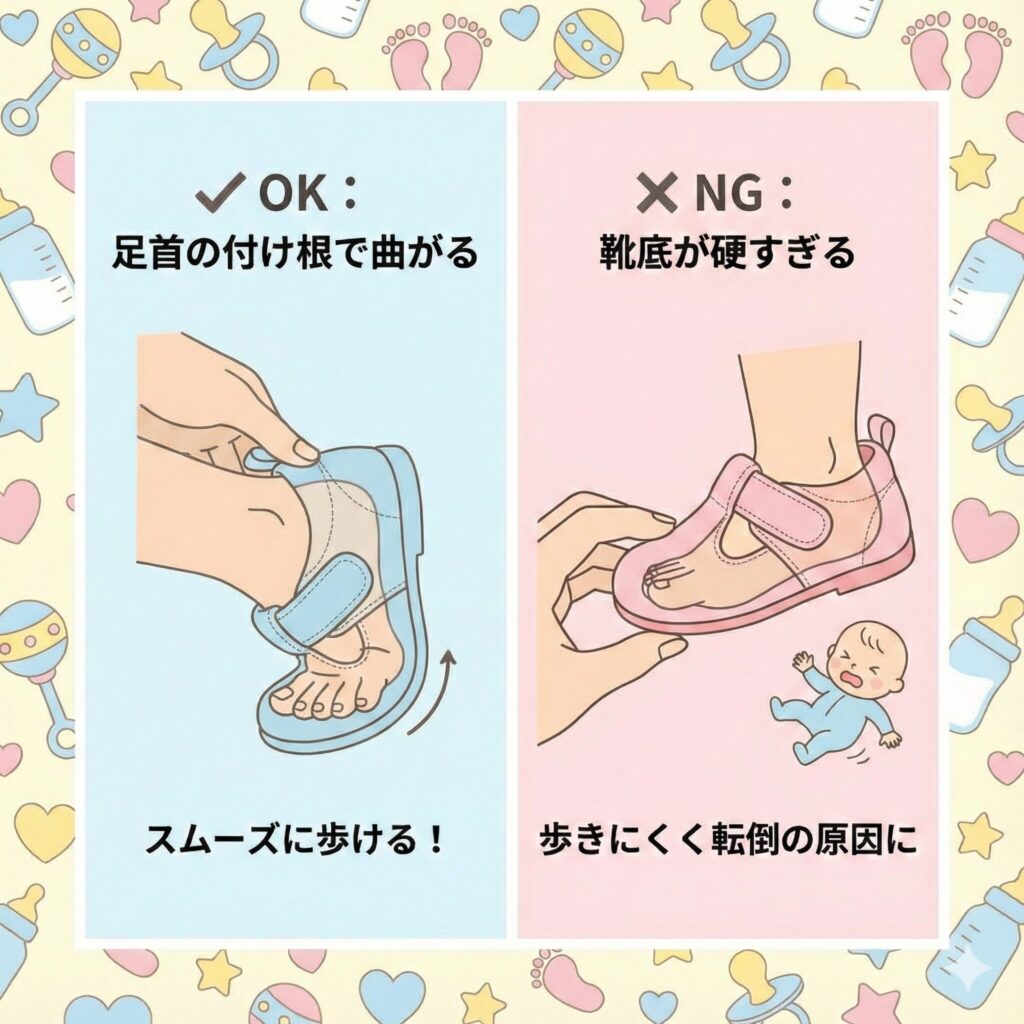 ファーストシューズの選び方 ソールが曲がりやすいか 図解