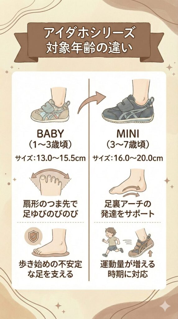 対象年齢の違い図解:BABYは1~3歳向け、MINIは3~7歳向け
