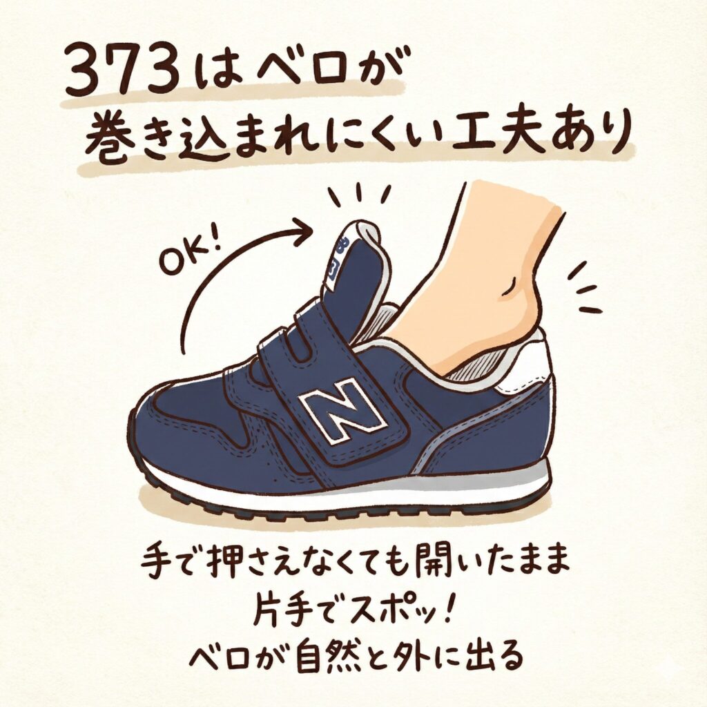 ニューバランスキッズ996、313、373の履き口の開きやすさの違い：373はベロが巻き込まれにくい工夫あり