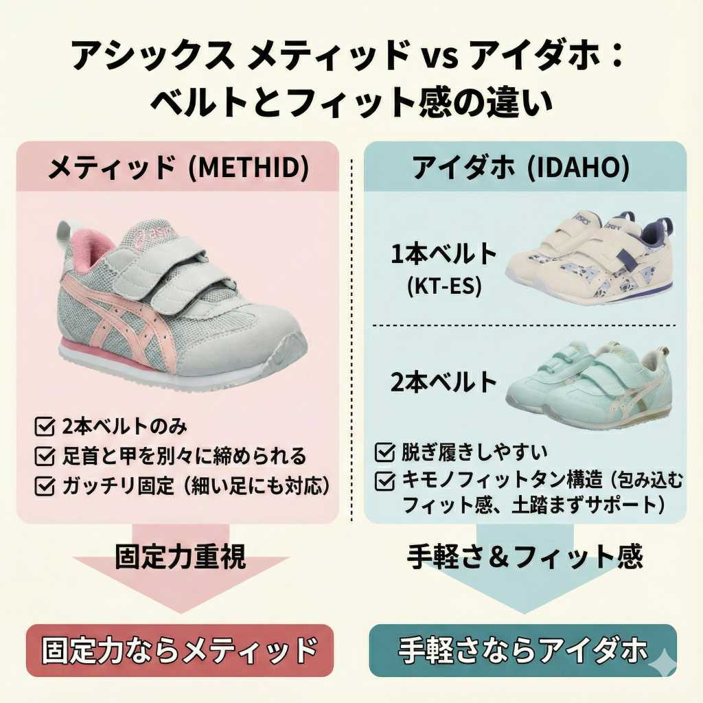 【ベルトの違い】メティッドは2本ベルトのみ、アイダホは1本ベルトと2本ベルト