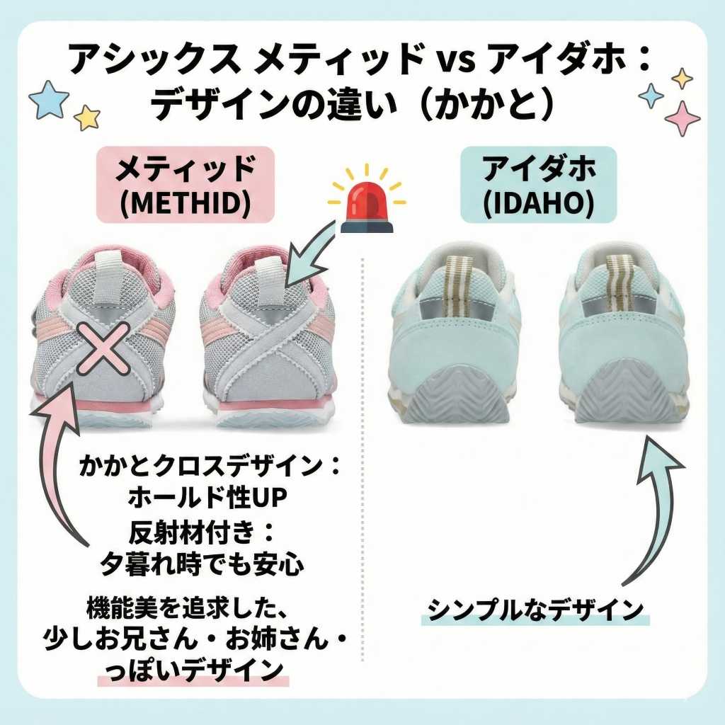 【デザインの違い】メティッドはかかとがクロスデザインで反射材付き