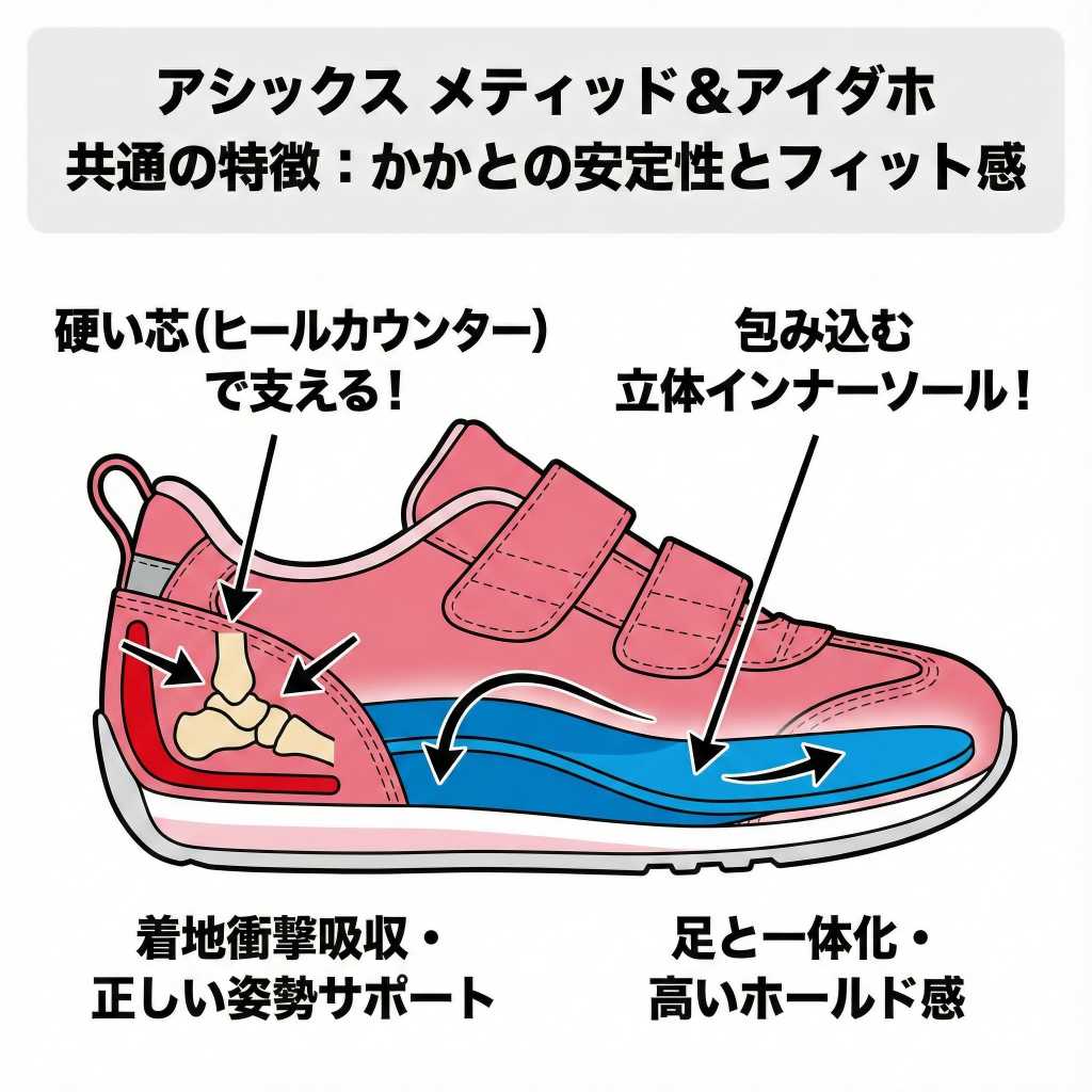 アシックスメティッドとアイダホの共通の特徴:かかとの安定性とフィット感