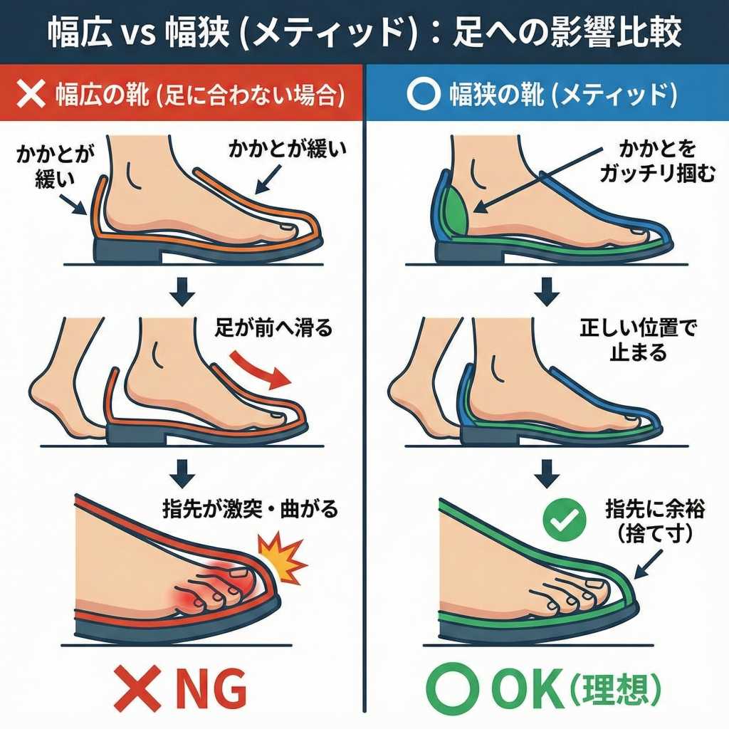 幅広の靴(足に合わない場合) かかとが緩い ➡ 歩くたびに足が前へ滑る ➡ 指先が靴の壁に激突して曲がる
幅狭の靴(メティッド) かかとをガッチリ掴む ➡ 足が正しい位置で止まる ➡ 指先に本来の「余裕(捨て寸)」が確保される