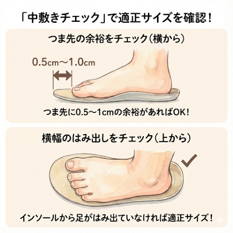 つま先: 0.5cm〜1.0cmの余裕があれば適正サイズ。
横幅: インソールから足がはみ出ていないか?