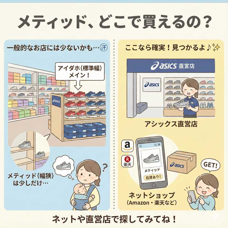 アシックスメティッドが売っている場所