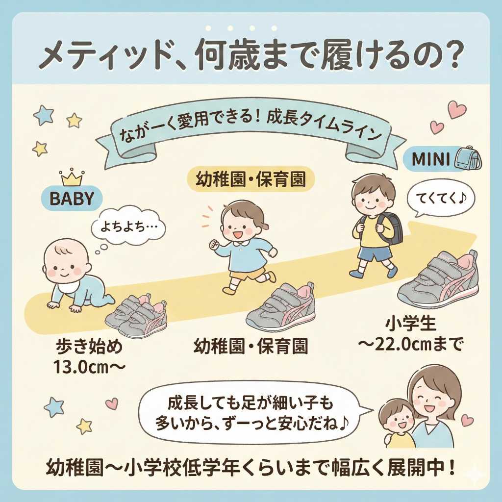 メティッドのサイズ展開はは赤ちゃん(13センチ)から小学生(22センチ)まで