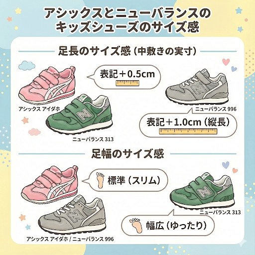 アシックスとニューバランスキッズシューズのサイズ感の違い