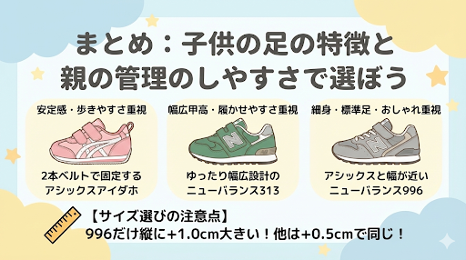 まとめ:アシックスとニューバランスのサイズ感と違い総括 こどもの足の特徴と親の管理のしやすさで選ぼう