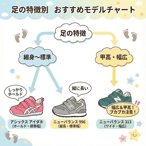 アシックススクスクアイダホとニューバランスの人気モデル996・313 足の特徴別おすすめモデルチャート