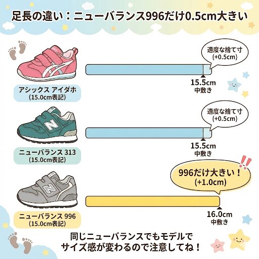 アシックスとニューバランスの足長の違い|ニューバランス996だけ縦に0.5cm大きい