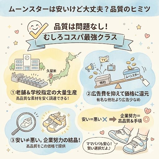 ムーンスターは品質に問題はありません。むしろコスパは最強クラスと言えます。